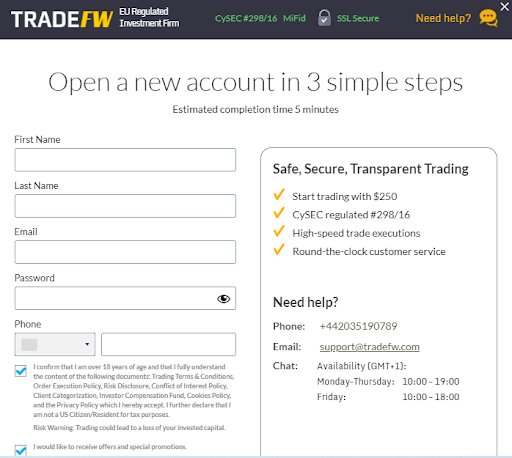 Review of TradeFW — Filling in the registration form