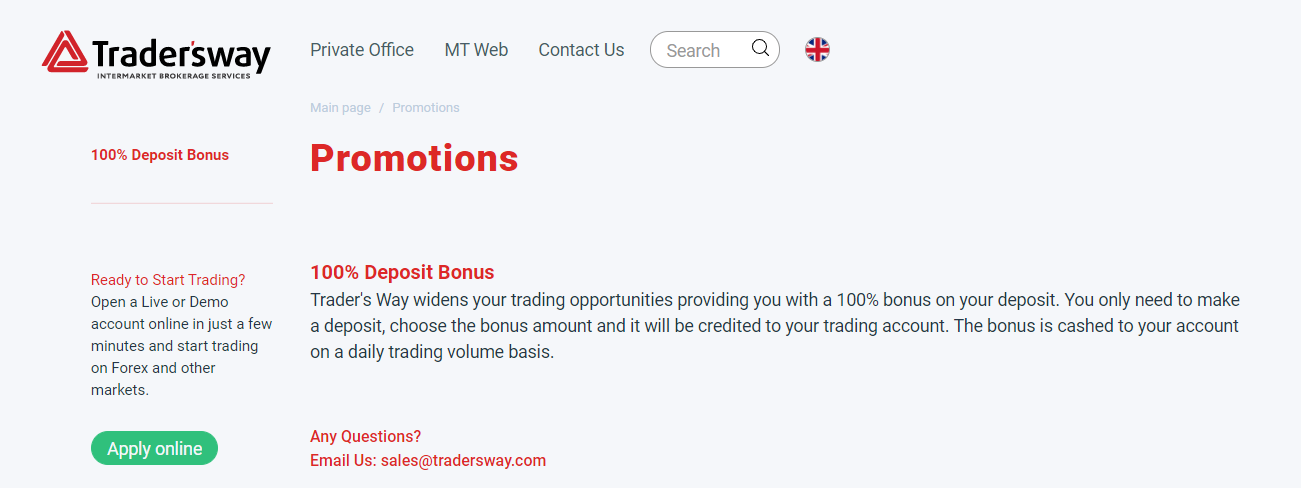 Trader’s Way bonuses – 100% Deposit Bonus