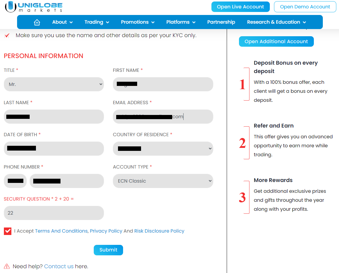 Review of Uniglobe Markets’ User Account — Filling out the registration form