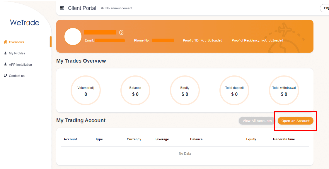 Review of WeTrade’s User Account —opening a new trading account