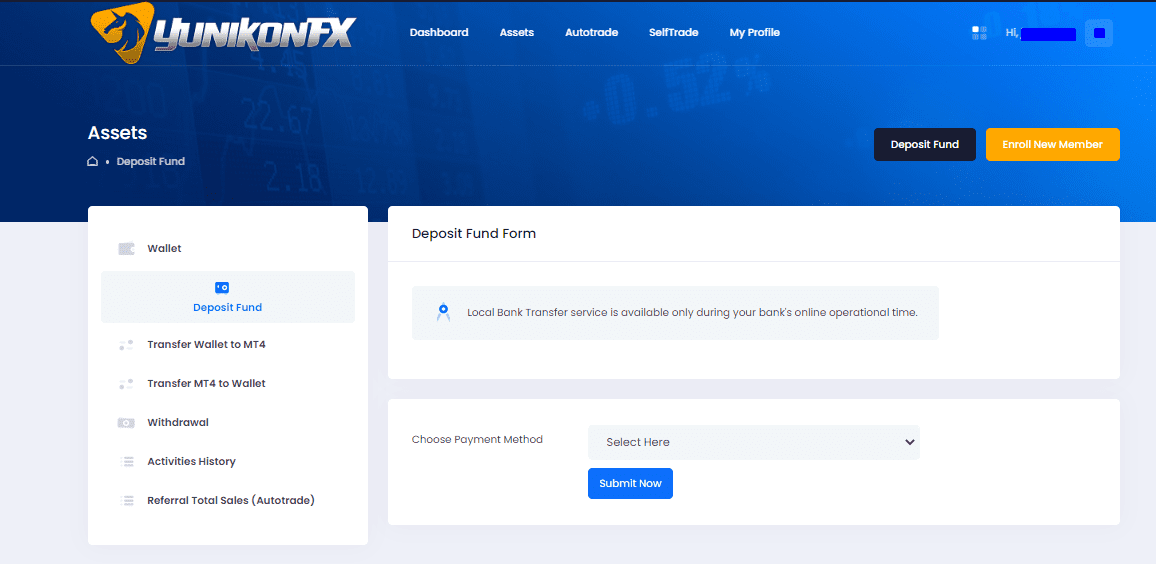 Review of YunikonFX’s User Account — Make a deposit