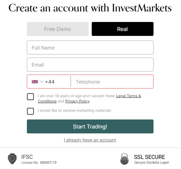 Avaliação da InvestMarkets - Escolha de um tipo de conta