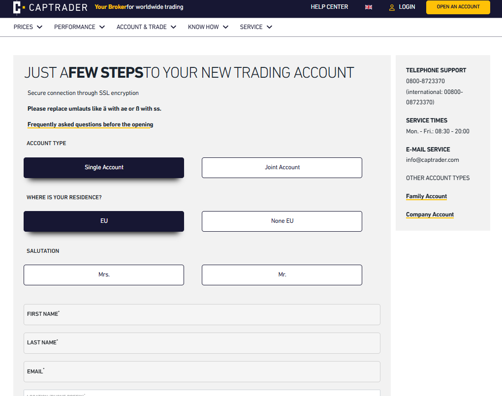 CapTrader überprüfung - Grundlegendes Anmeldeformular