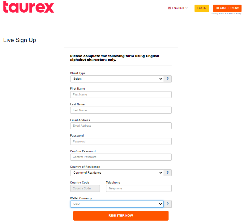 Descripción general de la cuenta de usuario de Taurex- Rellene el formulario de registro