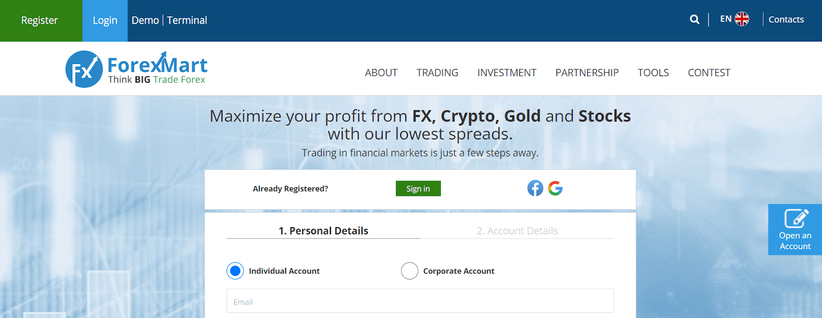 ForexMart की समीक्षा करें - एक ट्रेडिंग खाता खोलना