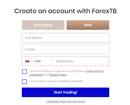 ForexTB Recensione - Compilazione del modulo di registrazione