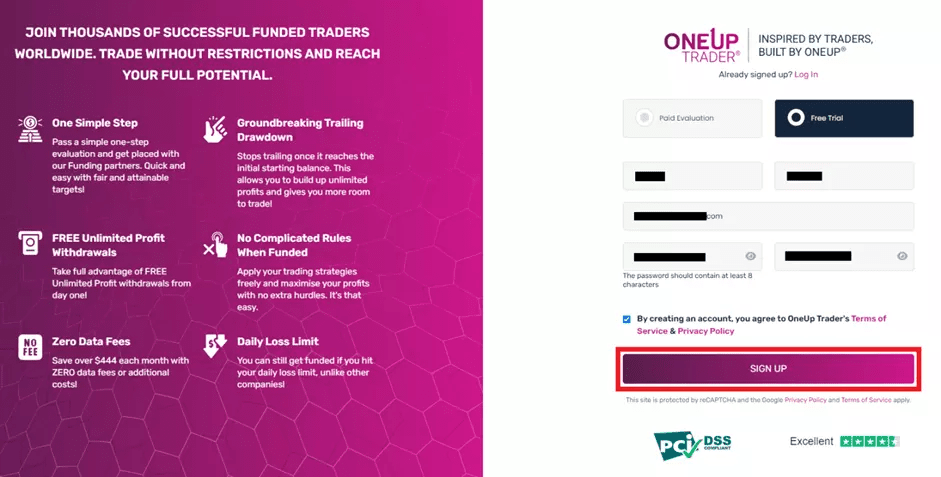 Gambaran Keseluruhan Akaun Pengguna OneUp Trader — Pendaftaran