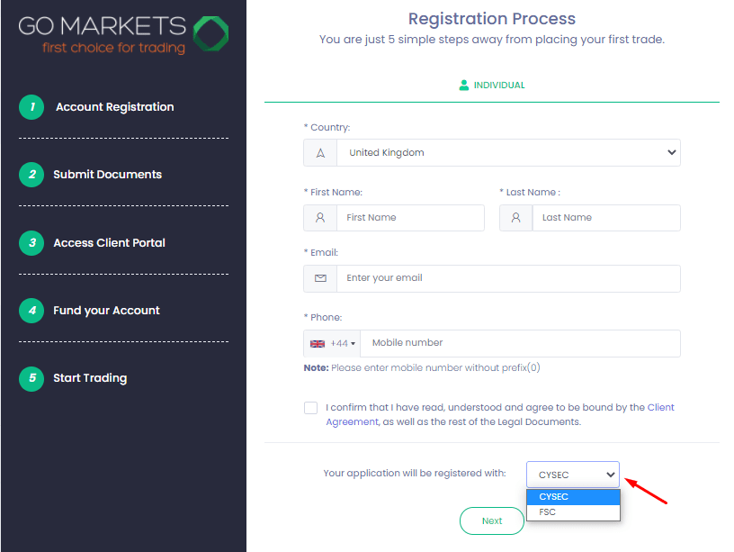 GO Markets Überprüfung - Ausfüllen des Registrierungsformulars