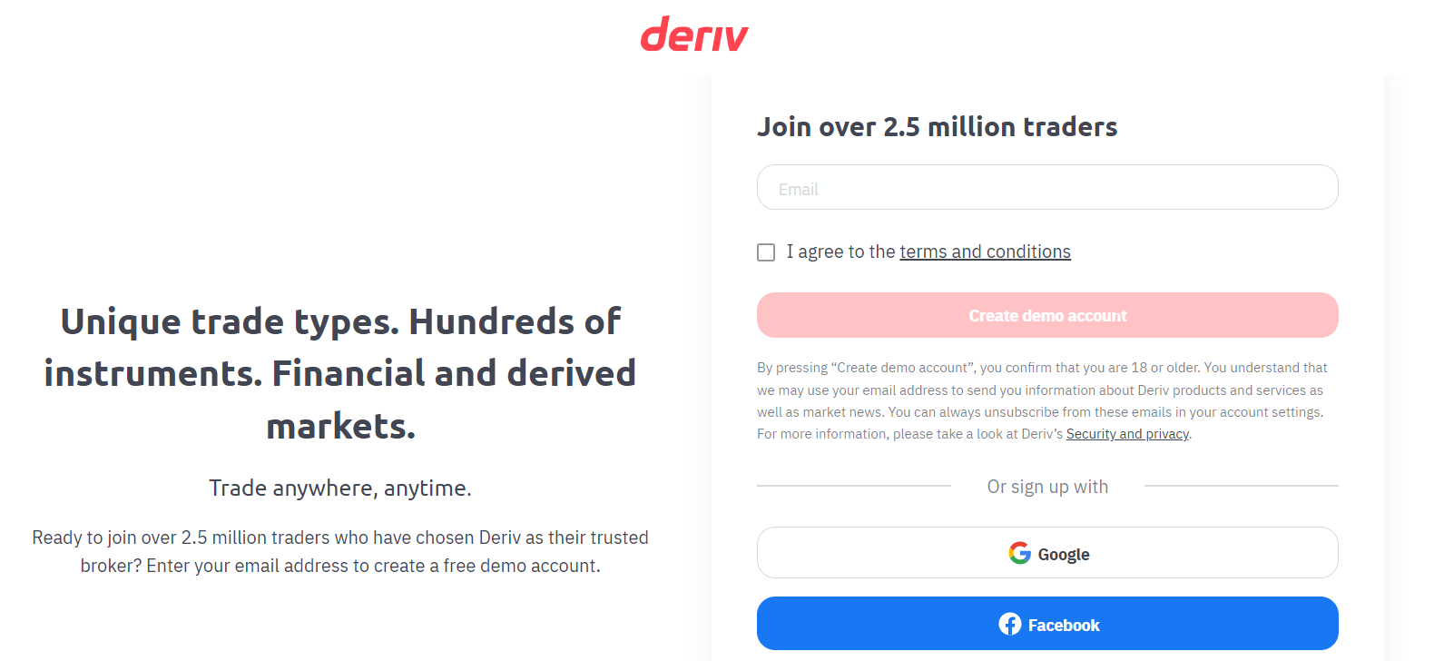 Överblick över Derivs personliga konto – registrera nytt konto