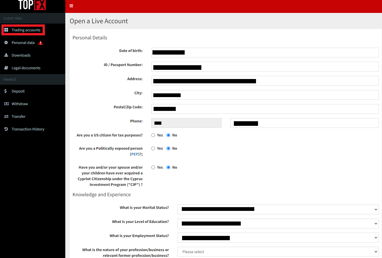 Przegląd konta użytkownika TopFX- Wprowadzanie dodatkowych danych osobowych