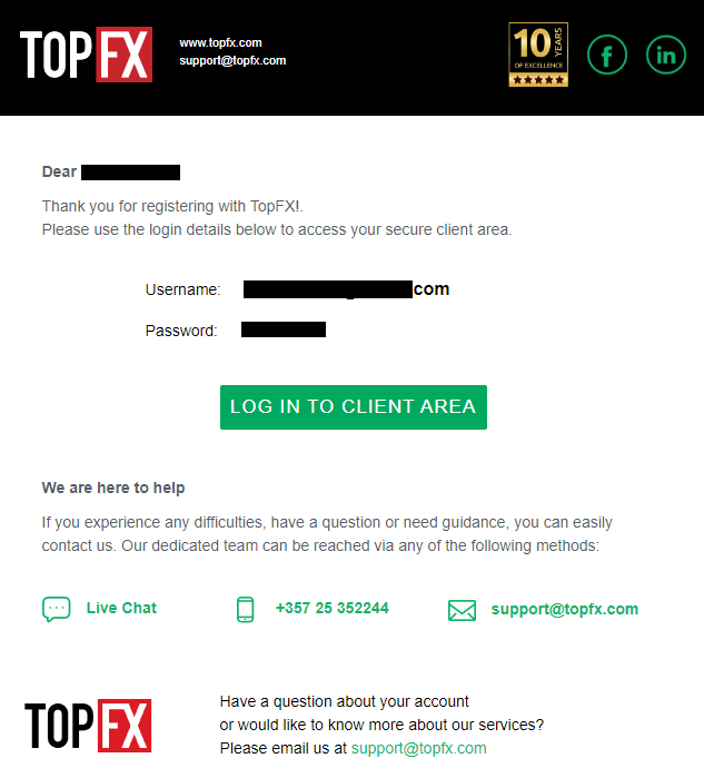 Vue d'ensemble du compte utilisateur de TopFX- Connexion