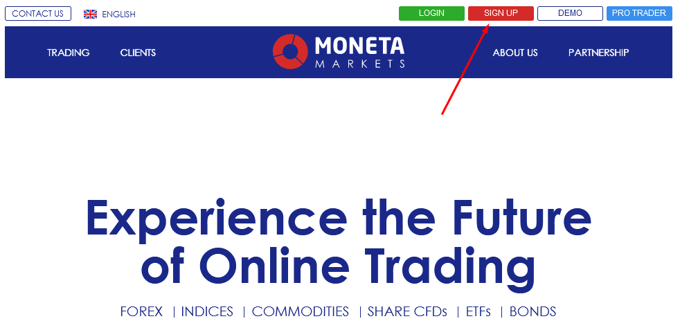 Přehled stránek Moneta Markets' Uživatelský účet - Zahájení registrace