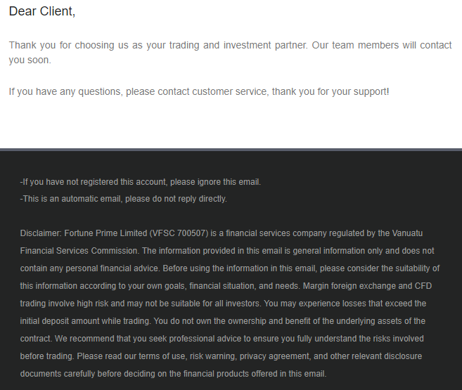Przegląd konta użytkownika Fortune Prime Global - potwierdzenie rejestracji przez e-mail