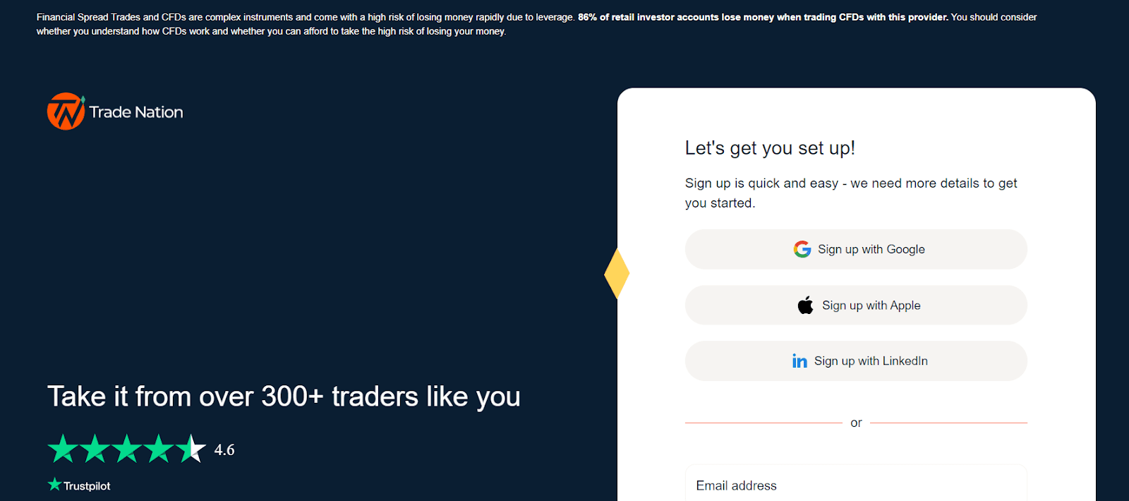 Recensione del conto utente di Trade Nation- Scegliere l'opzione di registrazione