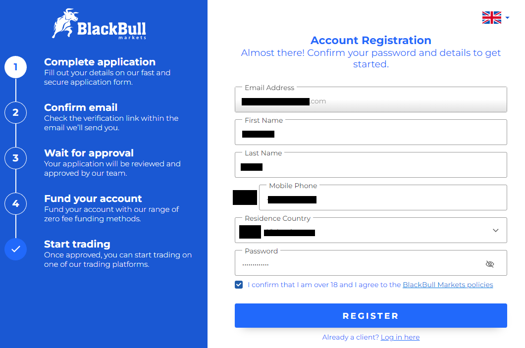 يتطلب تسجيل حساب المستخدم BlackBull Markets تقديم بعض المعلومات الشخصية