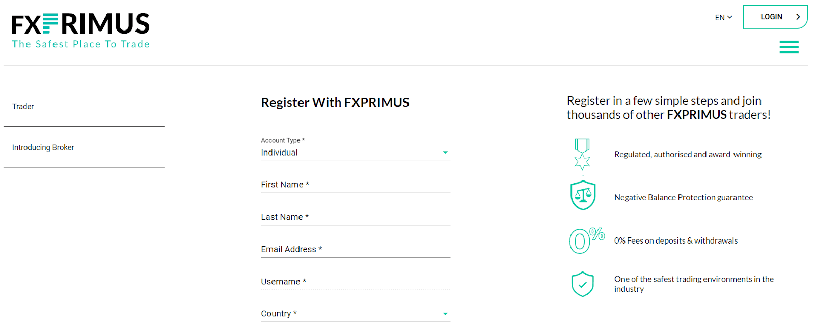 Registo no sítio Web da FXPrimus