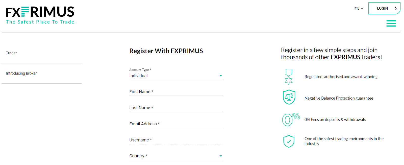 التسجيل على موقع FXPrimus الإلكتروني