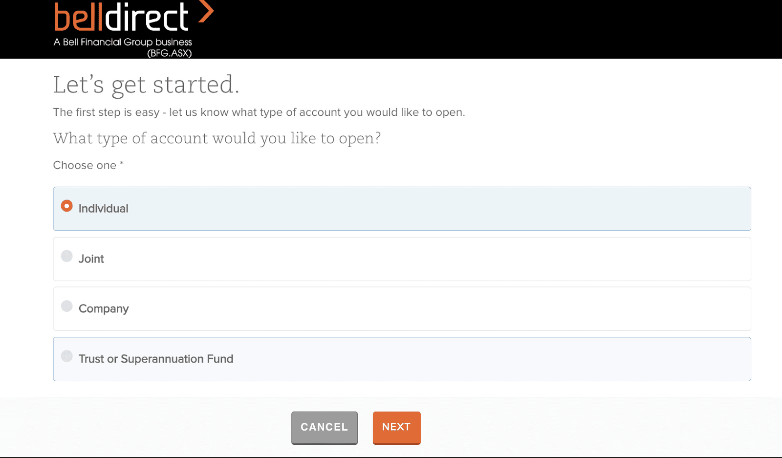 Review of Bell Direct’s User Account — Account type selection