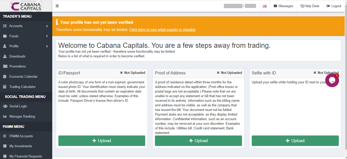 Review of Cabana Capitals’ User Account — Account verification