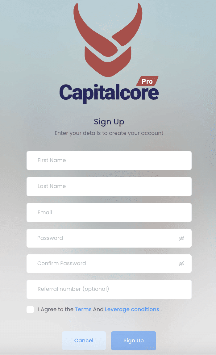 Review of Capitalcore’s User Account — Fill out the registration form
