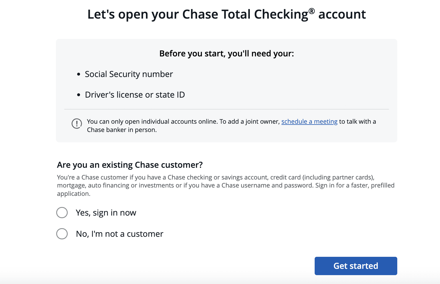 Gennemgang af Chase's brugerkonto - Bekræft din status som ikke-kunde