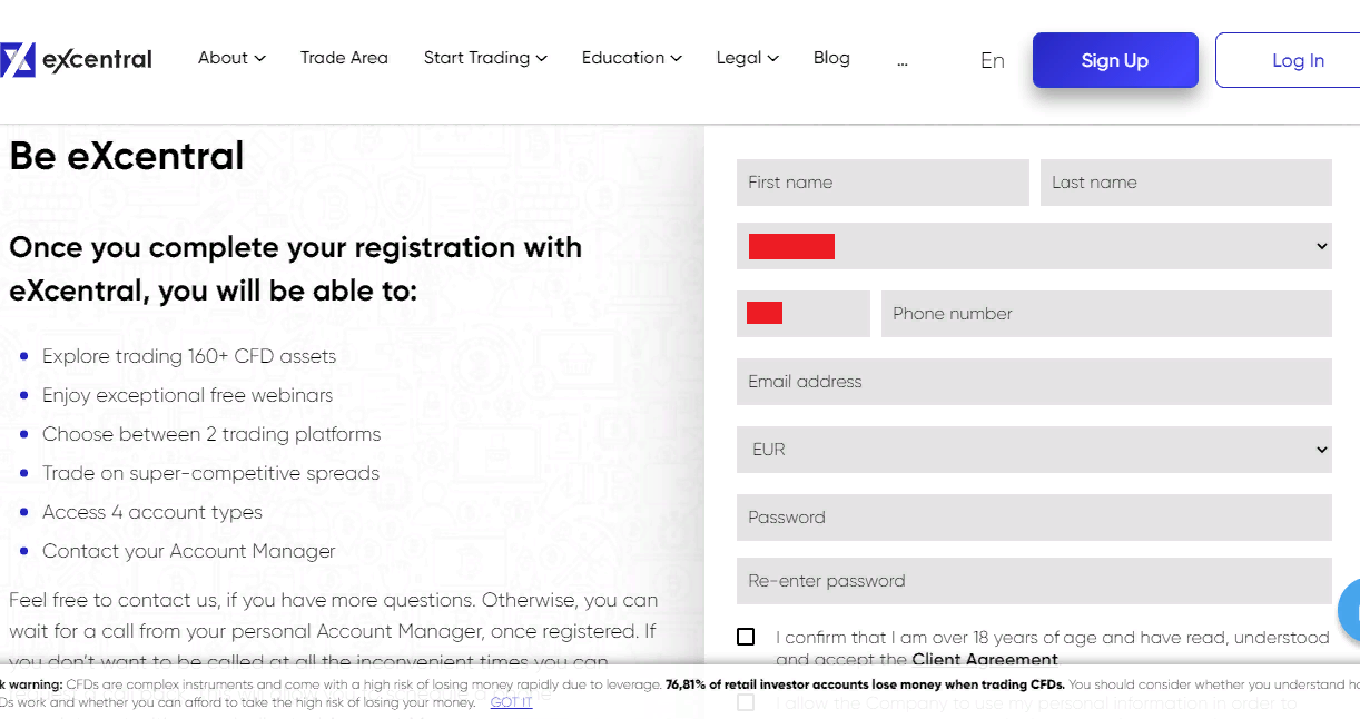 Przegląd strony eXcentral - Formularz rejestracyjny