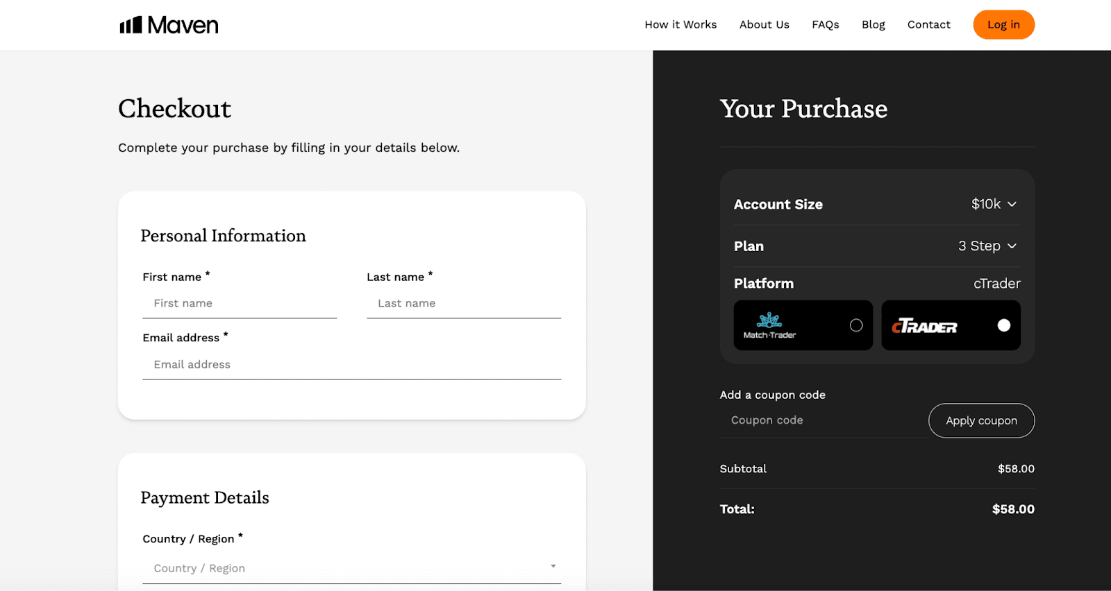 Review of Maven Trading’s User Account — Choose the account type and the platform