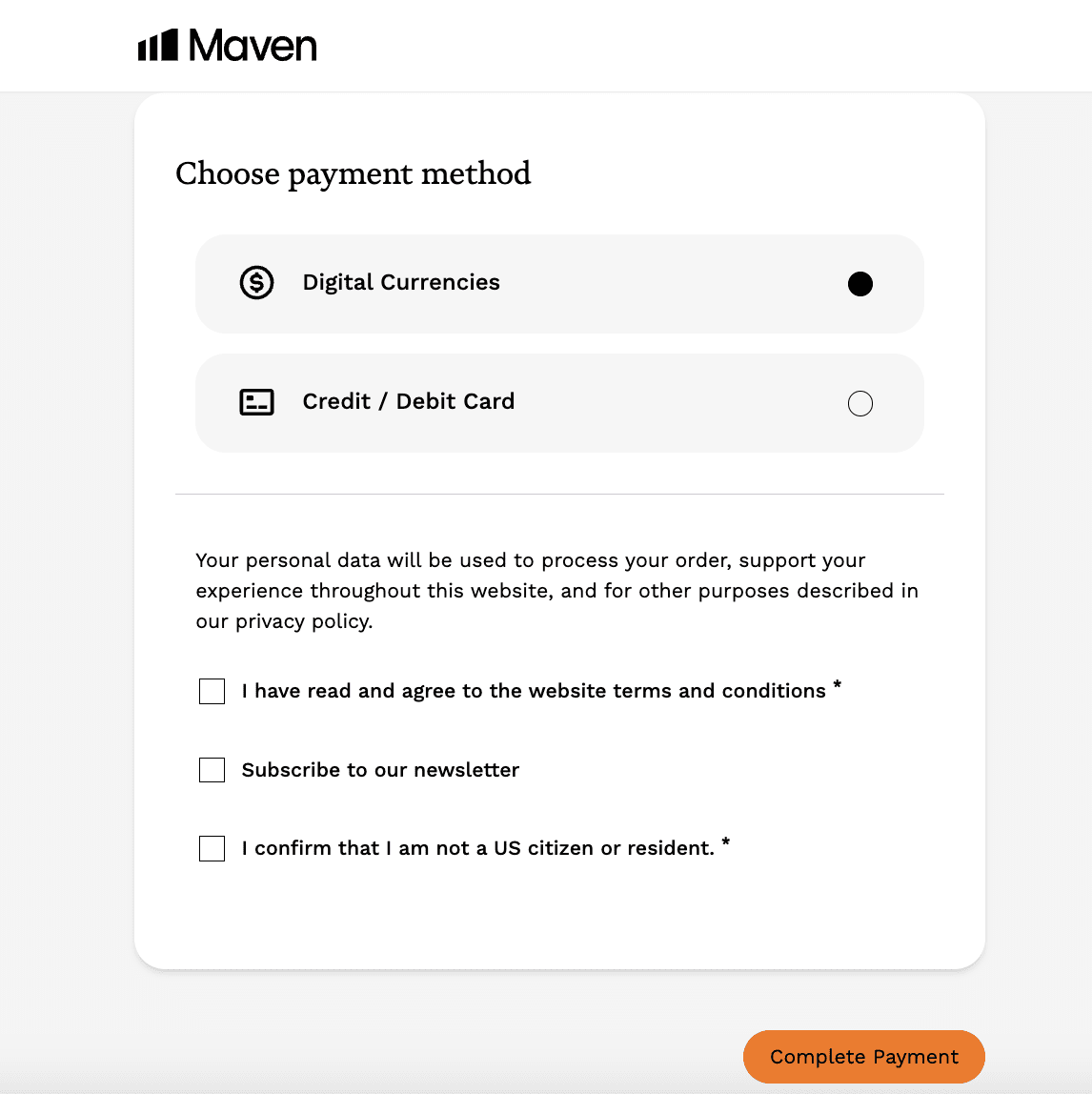 Review of Maven Trading’s User Account — Choose the payment method