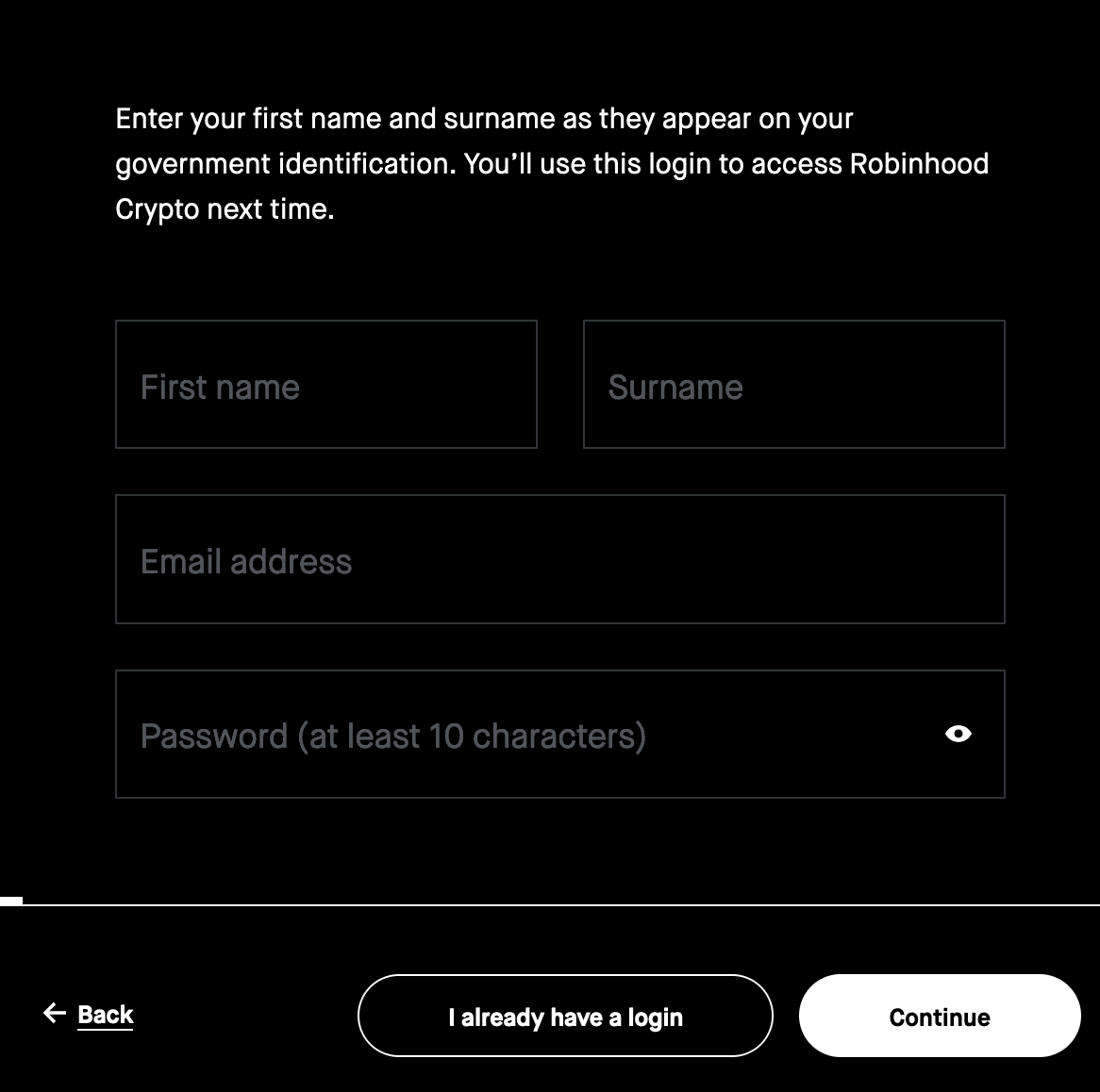 Examen du compte d'utilisateur de Robinhood- Formulaire d'inscription