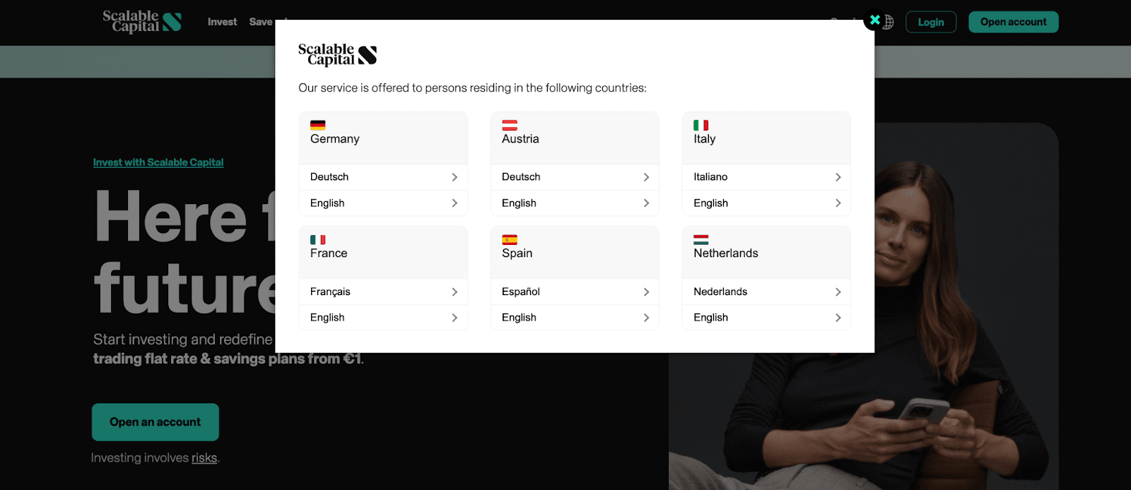 Review of Scalable Capital’s User Account — Choose your country and language
