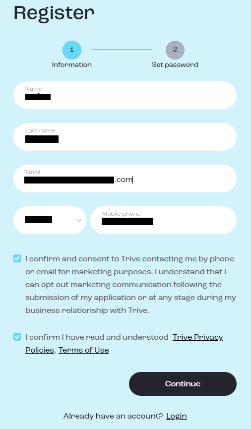 Review of the Trive - Registration: step1