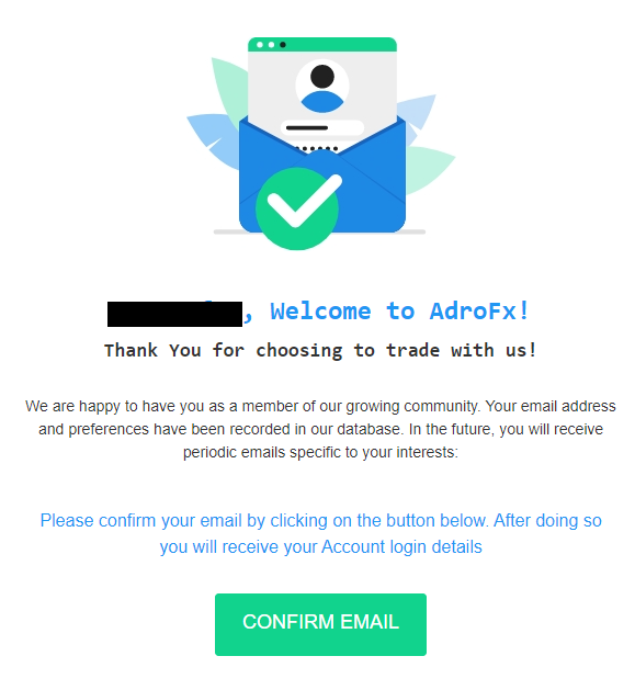 Revisão da conta de utilizador da AdroFx - Confirme o seu e-mail