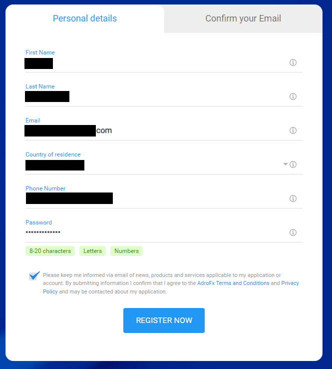 Revisão da conta de utilizador da AdroFx - Fornecer detalhes de contacto