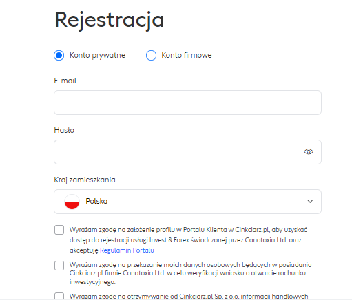 Revisão da conta de utilizador de Cinkciarz.pl- Preencher o formulário de registo