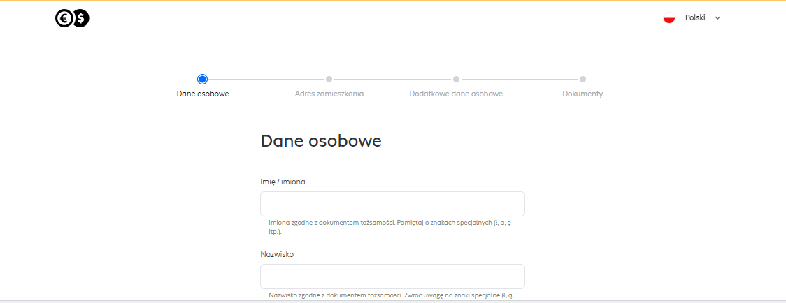 Revisão da conta de utilizador de Cinkciarz.pl- Preencher o formulário para abrir a conta