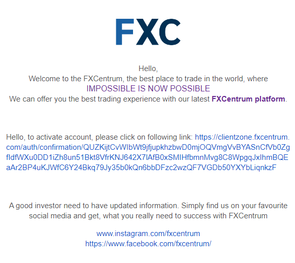 Revisão da conta de utilizador de FXCentrum- Ativação de correio eletrónico