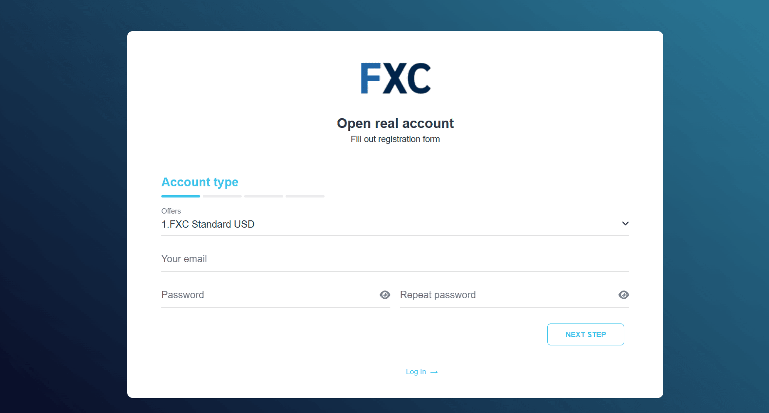 Revisão da conta de utilizador de FXCentrum- Preenchimento do formulário de registo