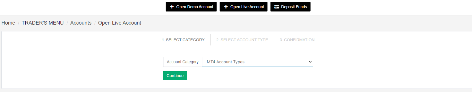 Revisão de M4Markets' Conta de utilizador - Selecionar um tipo de conta