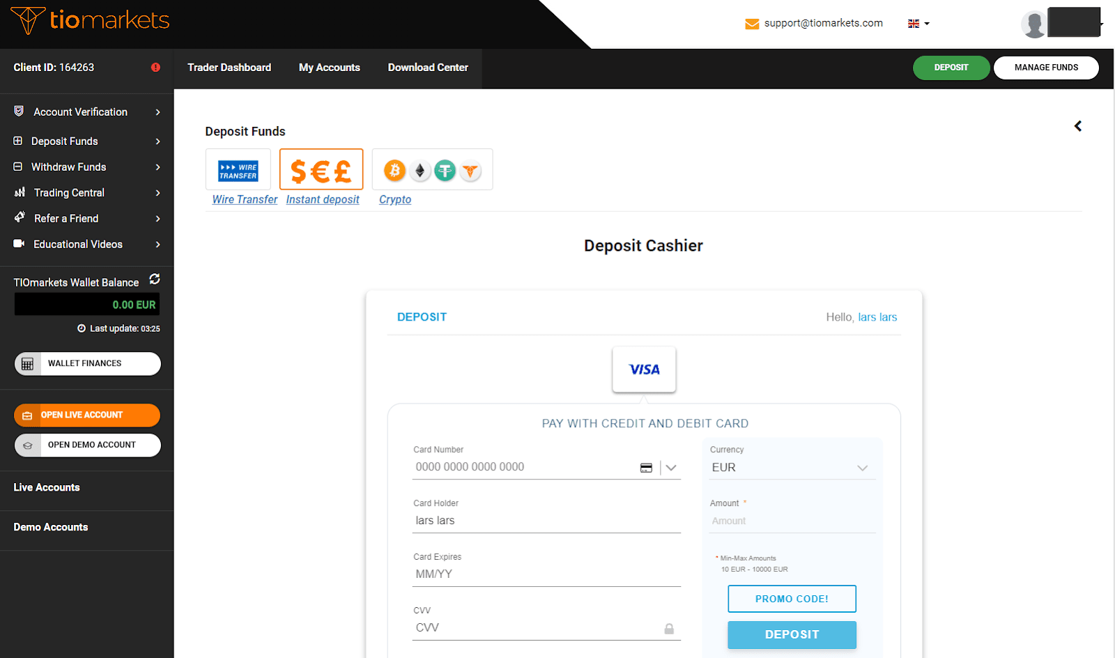 Revisão de TIOmarkets' Conta de utilizador - Efetuar um depósito e começar a negociar