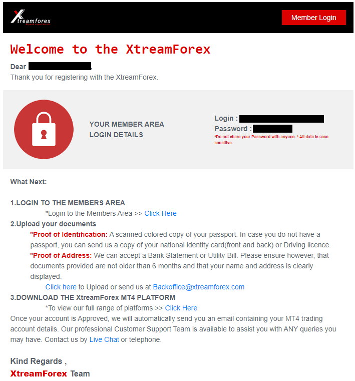 Revisión de la cuenta de usuario de XtreamForex- Bienvenida                    carta con acceso al correo electrónico