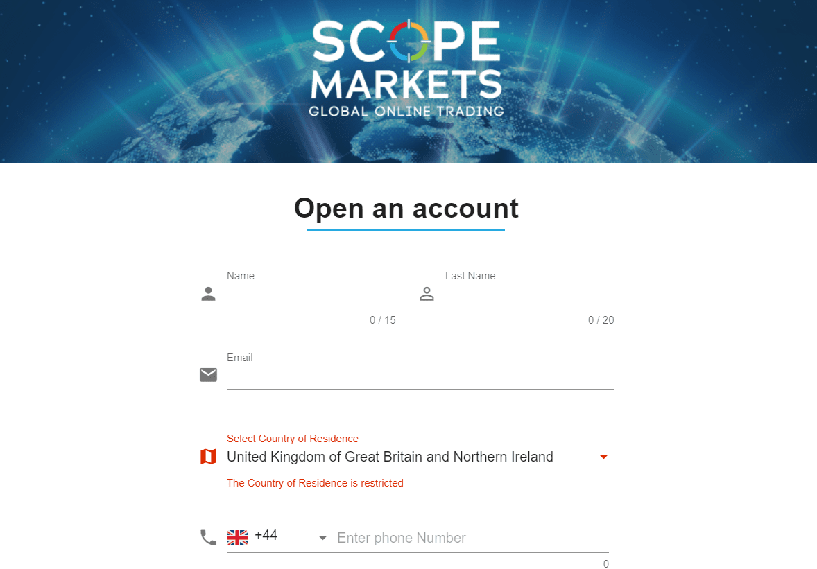 Revisión de Scope Markets' Cuenta de usuario - Primer paso del registro