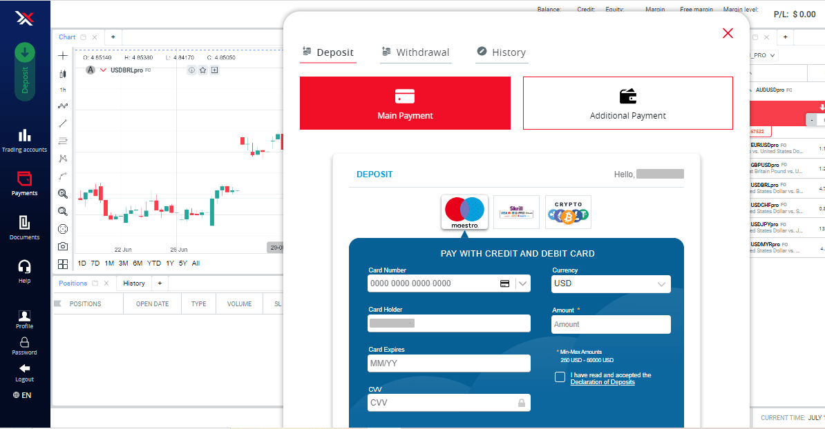 Revisión de XPro Markets' Cuenta de usuario - Transacciones financieras