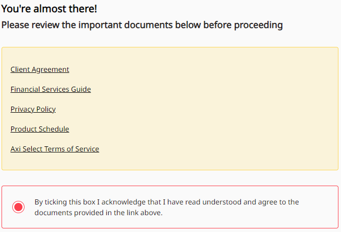 Révision du compte d'utilisateur de Axi Select- Accepter les termes et conditions