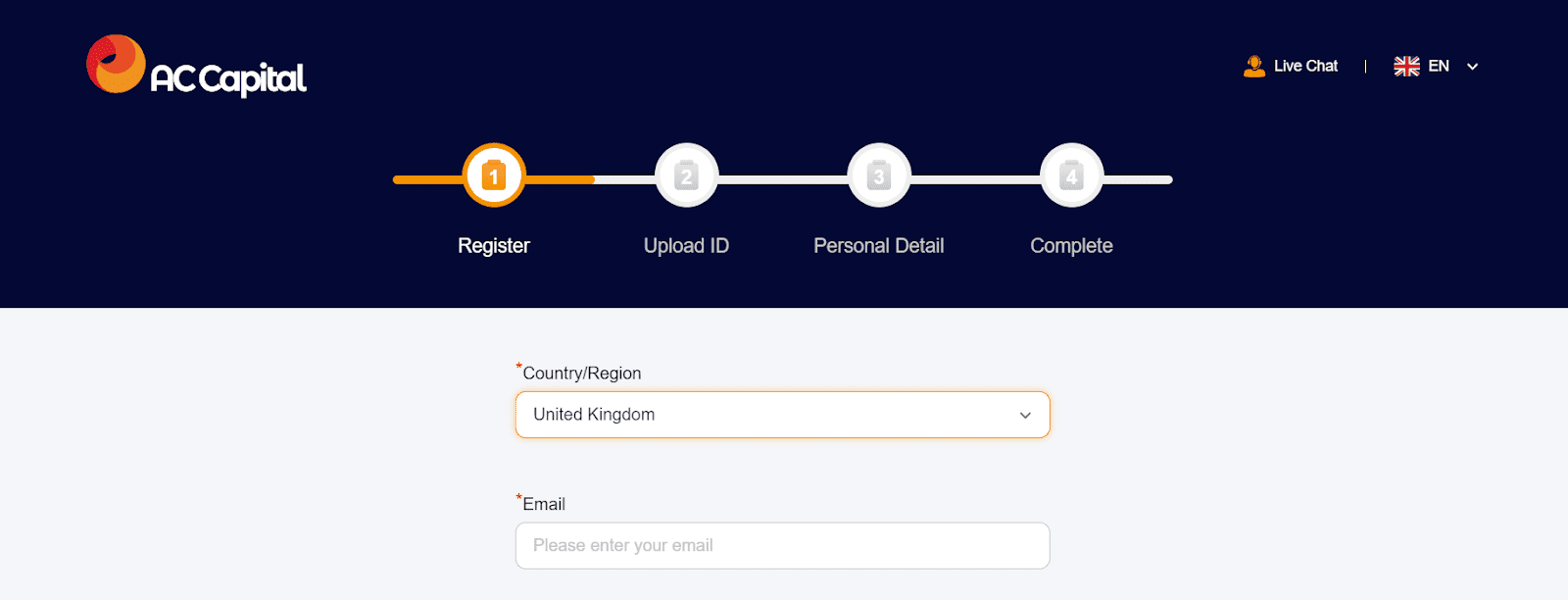 Revisione dell'account utente di AC Capital Market- Prima fase della registrazione