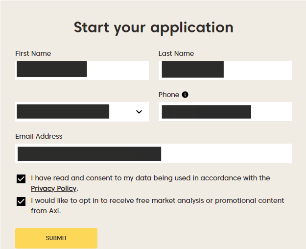 Revisione dell'account utente di Axi Select- Fornire le proprie informazioni personali
