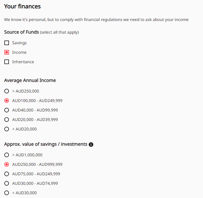 Revisione dell'account utente di Axi Select- Rispondere alle domande sul proprio reddito