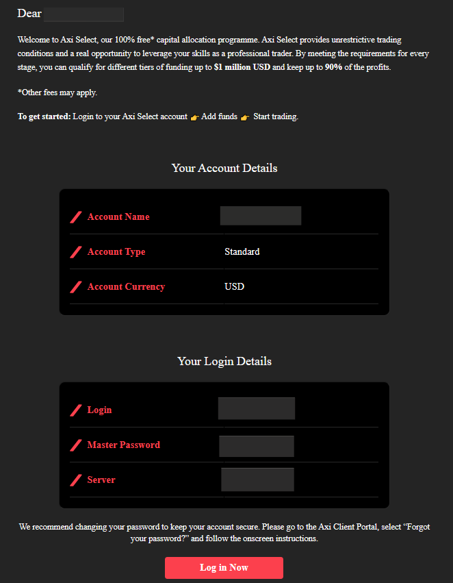 Revisione dell'account utente di Axi Select- Utilizzare il login e la password per accedere al proprio account utente.