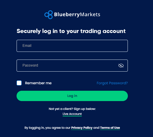 Revue de Blueberry Markets - Connexion au portail client