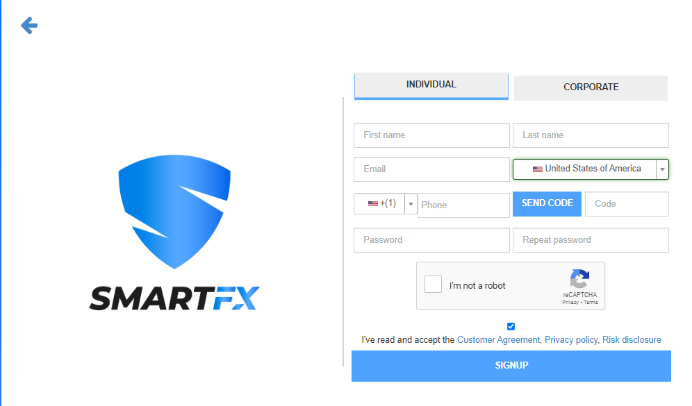 SmartFX مراجعة - نموذج التسجيل
