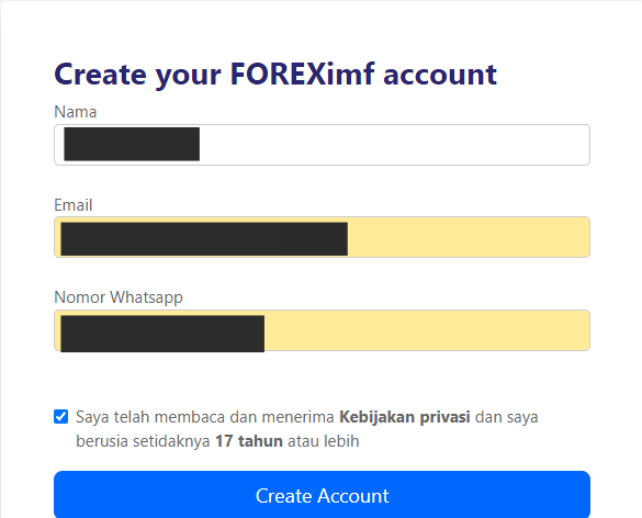 Tinjau Akun Pengguna FOREXimf- Berikan data pribadi dan detail kontak Anda